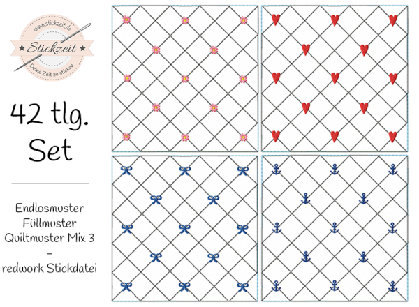 Endlosmuster Füllmuster Quiltmuster Mix 3 - redwork Stickdatei